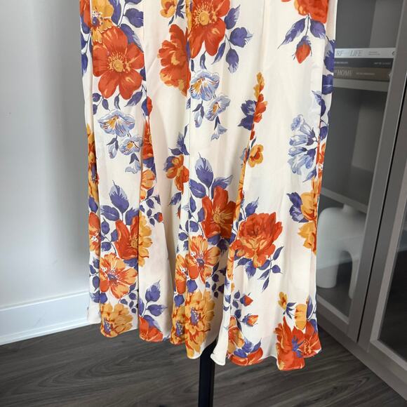 Reformation Baden V-Neck Orange Floral Midi Dress 2 Ivory Blue Print Cap Sleeve - Picture 4 of 8